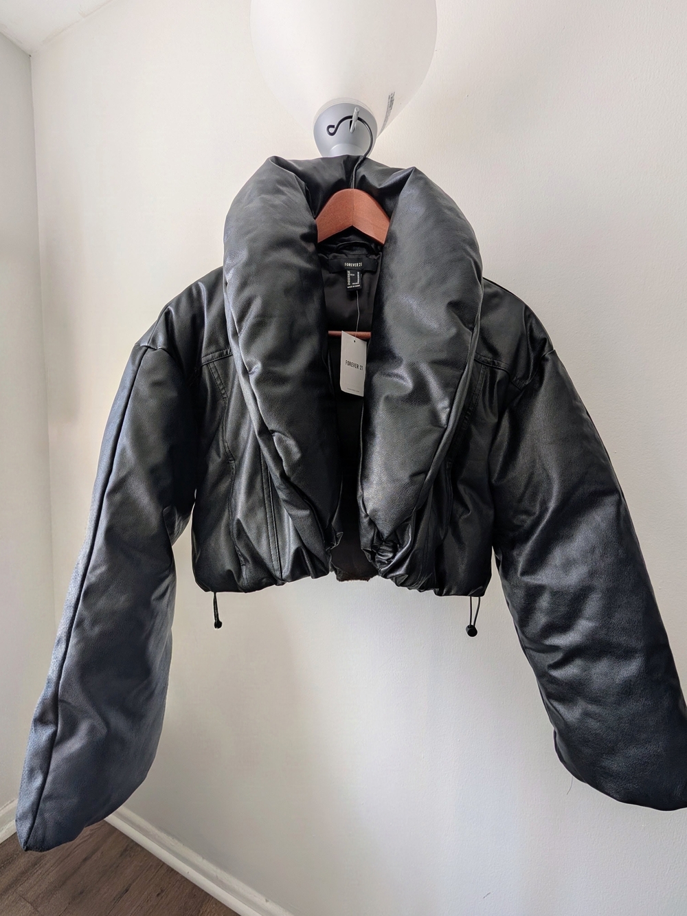 Faux Leather Puffer Jacket - Black